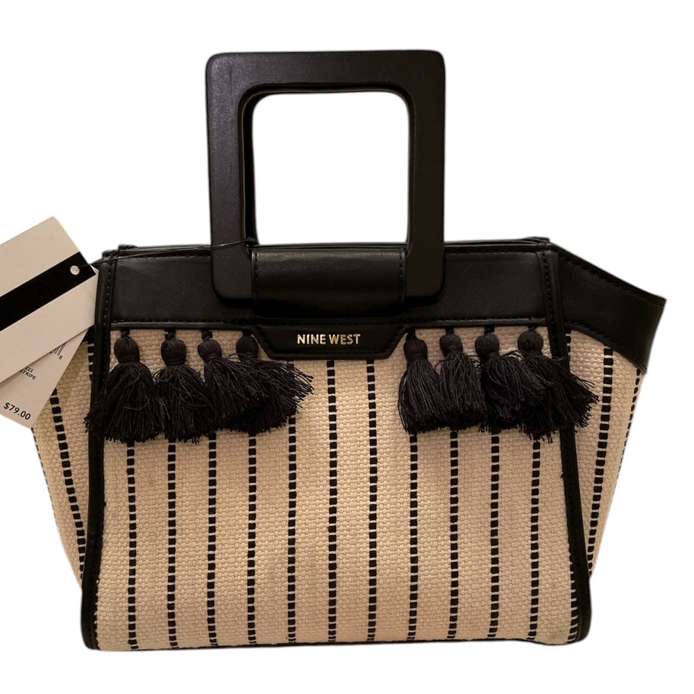 NWT Nine West Purse Bag Ticking Stripe Woven Cotton Tassels White Black Handles
